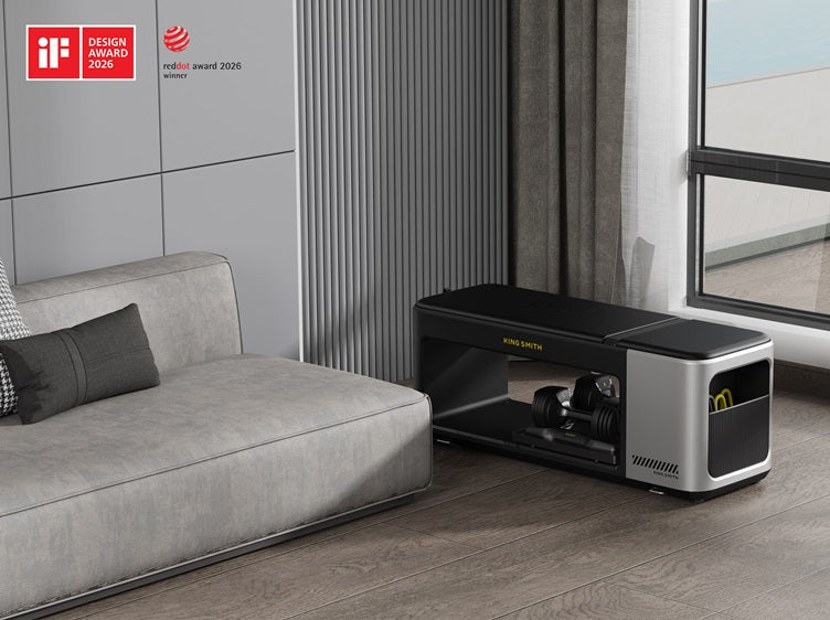 Award-winning BX2 workout bench in a modern living room with compact home gym storage design
