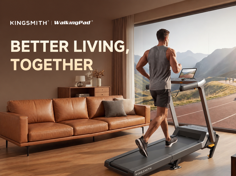 Man running on a KingSmith treadmill in a modern living room with mountain view